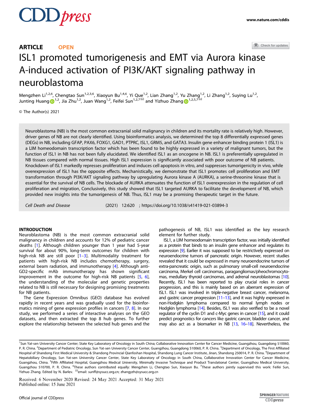 ISL1 Promoted Tumorigenesis and EMT Via Aurora Kinase A-Induced Activation of PI3K/AKT Signaling Pathway in Neuroblastoma