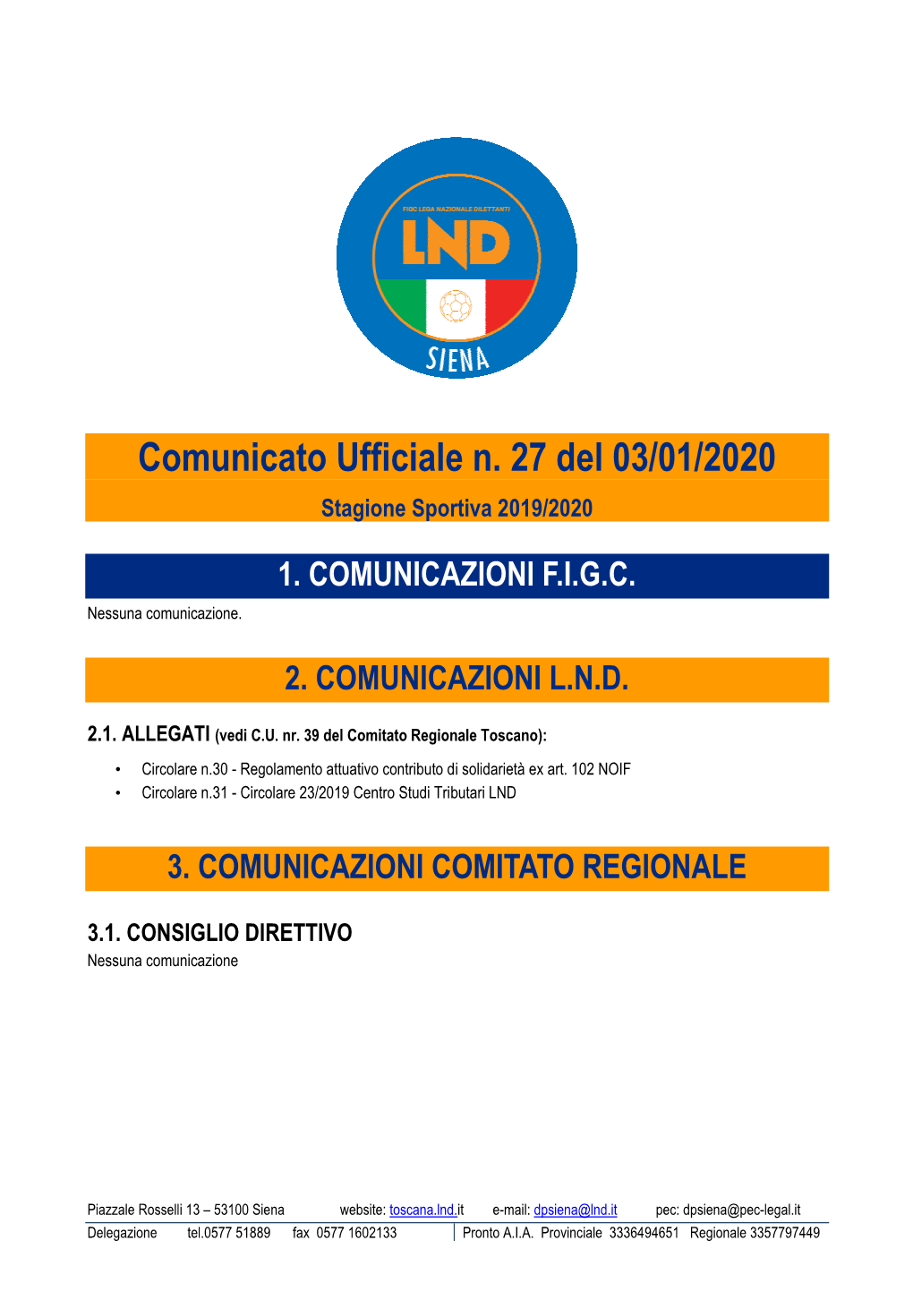 Comunicato Ufficiale N. 27 Del 03/01/2020