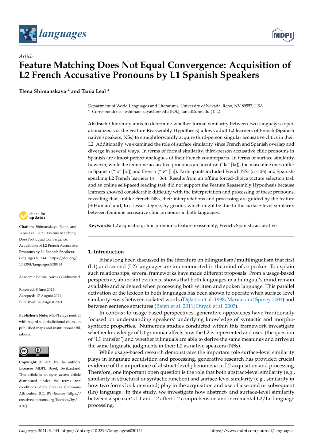 Acquisition of L2 French Accusative Pronouns by L1 Spanish Speakers