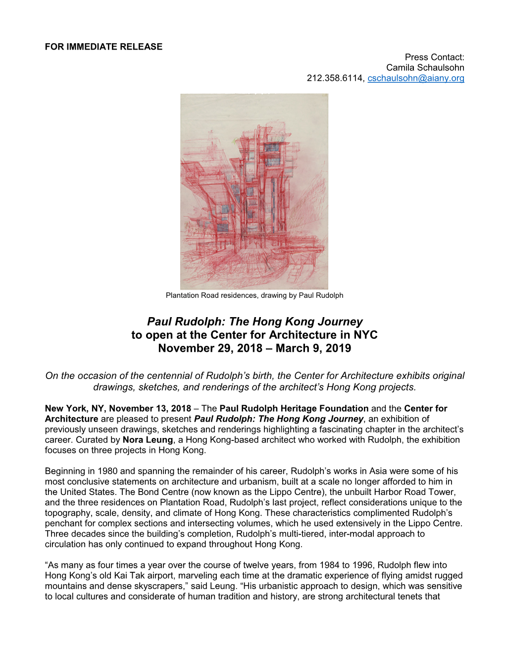 Paul Rudolph: the Hong Kong Journey to Open at the Center for Architecture in NYC November 29, 2018 – March 9, 2019