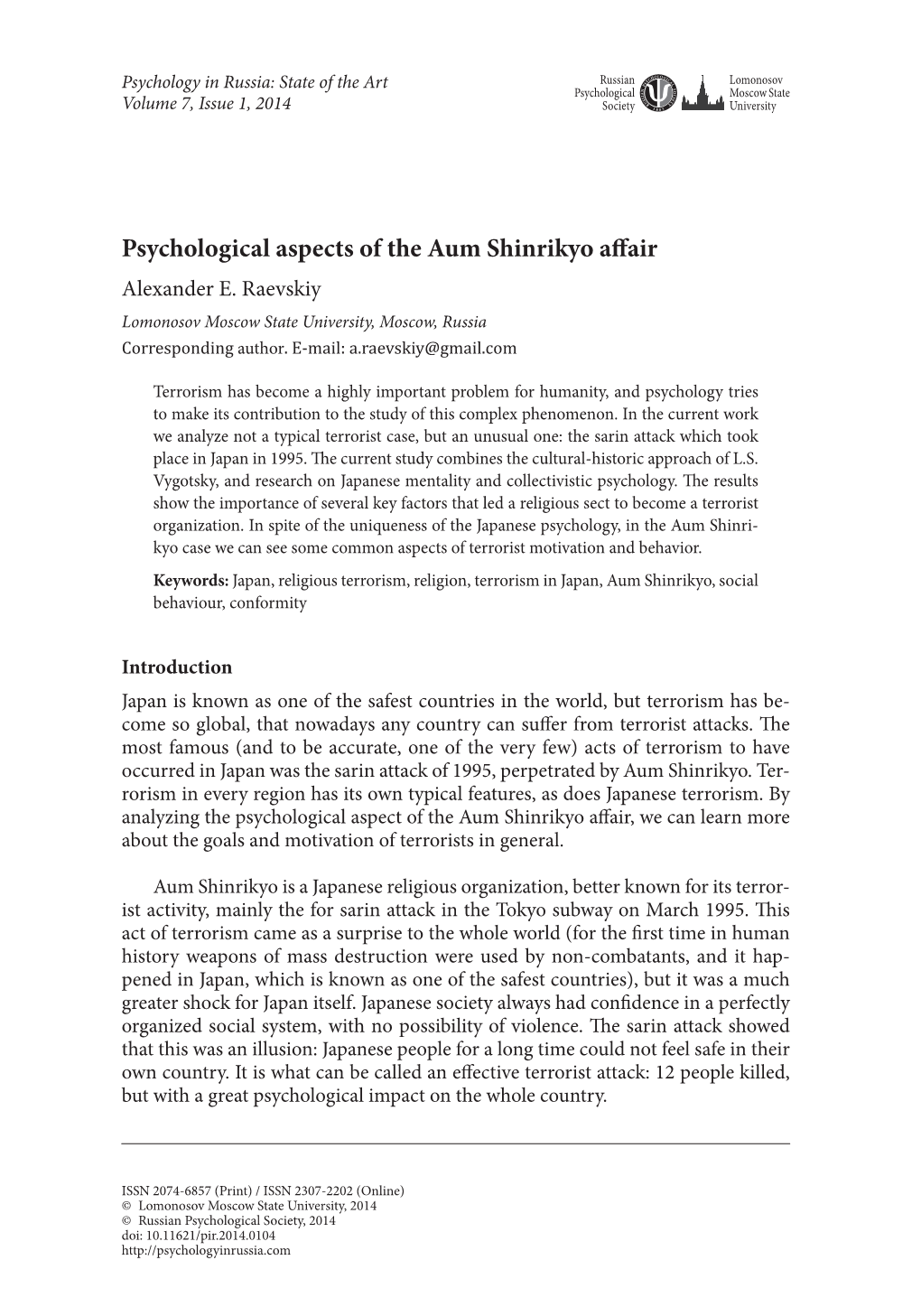 Psychological Aspects of the Aum Shinrikyo Affair Alexander E