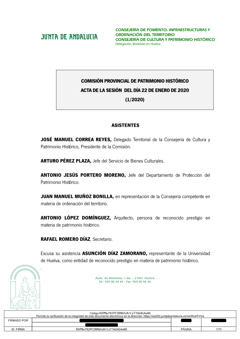 Comisión Provincial De Patrimonio Histórico Acta De La Sesión Del Día 22 De Enero De 2020 (1/2020)