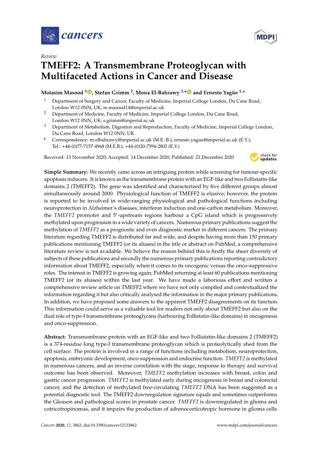 TMEFF2: a Transmembrane Proteoglycan with Multifaceted Actions in Cancer and Disease