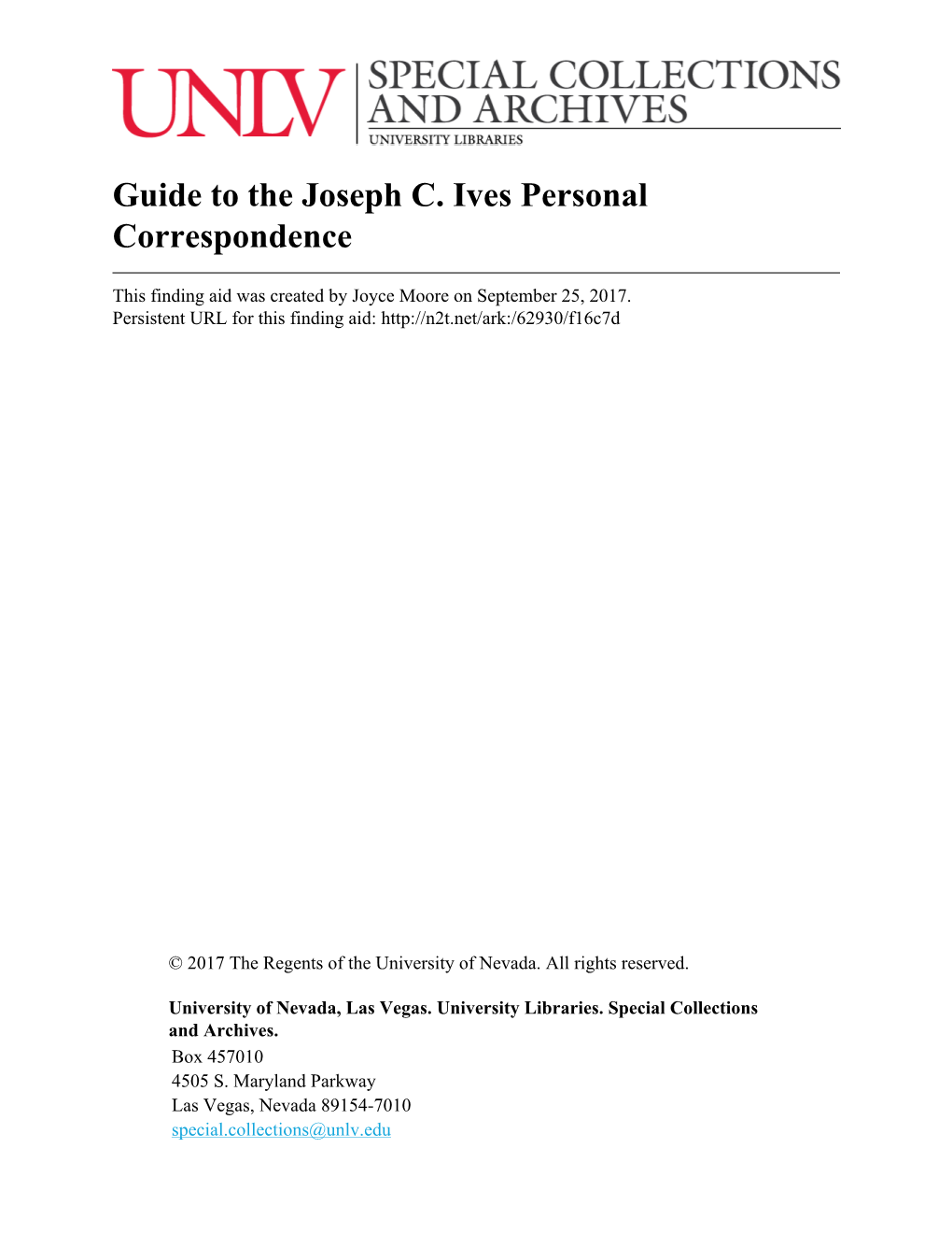 Guide to the Joseph C. Ives Personal Correspondence