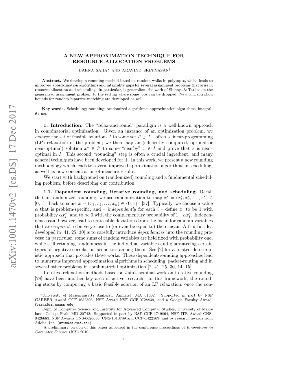 Arxiv:1001.1470V2 [Cs.DS] 17 Dec 2017 Several Other Problems in Combinatorial Optimization [2, 41, 25, 30, 14, 15]