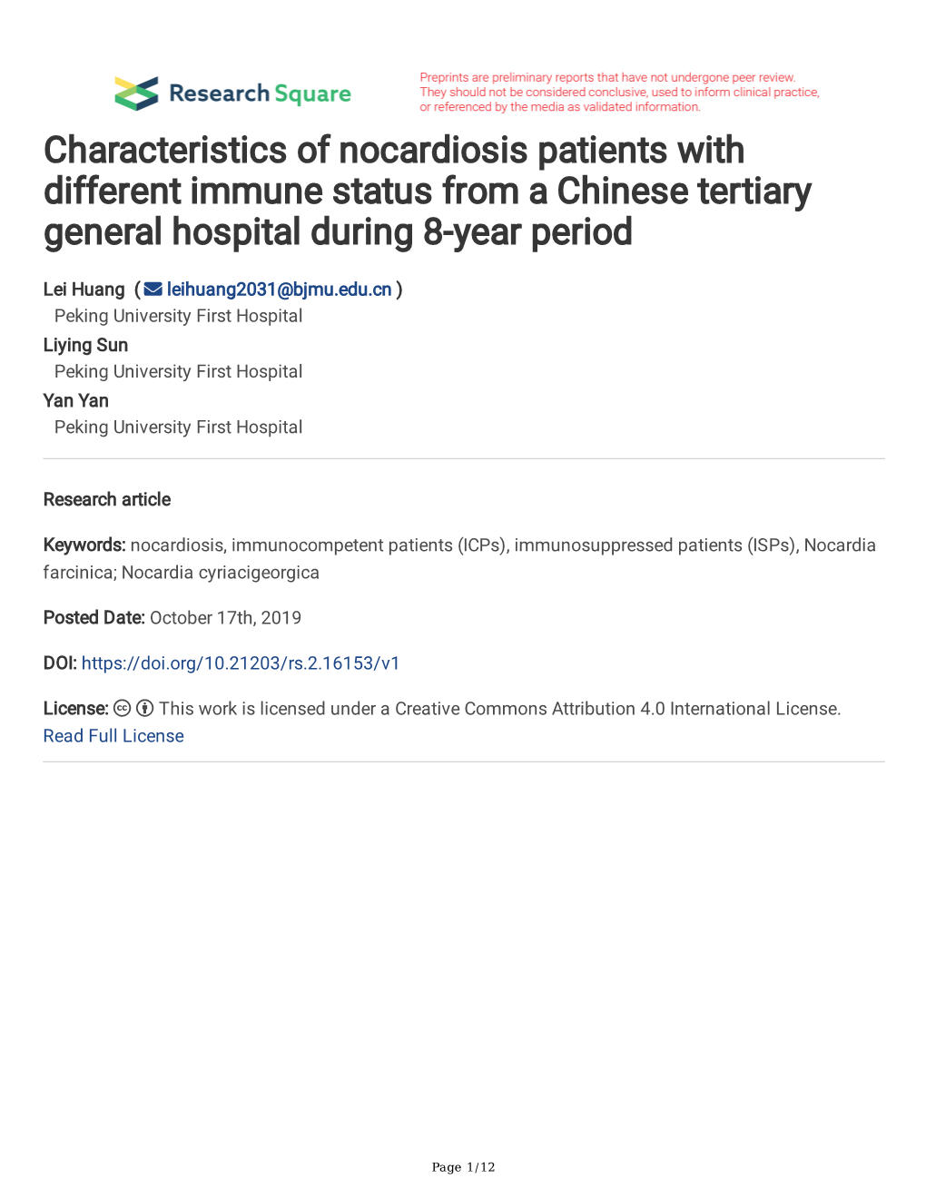 Characteristics of Nocardiosis Patients with Different Immune Status from a Chinese Tertiary General Hospital During 8-Year Period