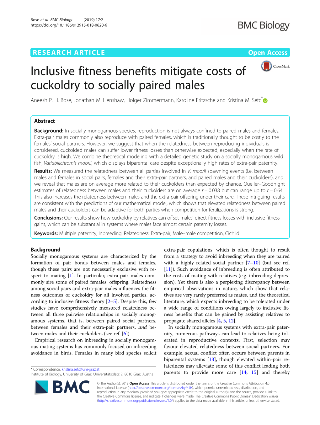 Inclusive Fitness Benefits Mitigate Costs of Cuckoldry to Socially Paired Males Aneesh P