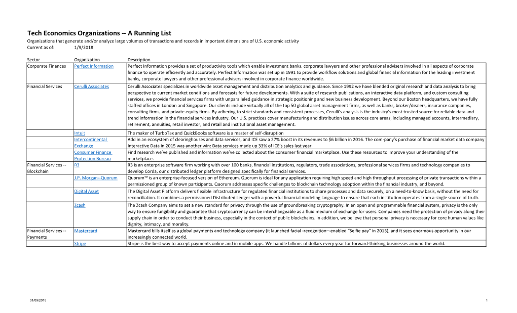 Tech Economics Organizations -- a Running List Organizations That Generate And/Or Analyze Large Volumes of Transactions and Records in Important Dimensions of U.S