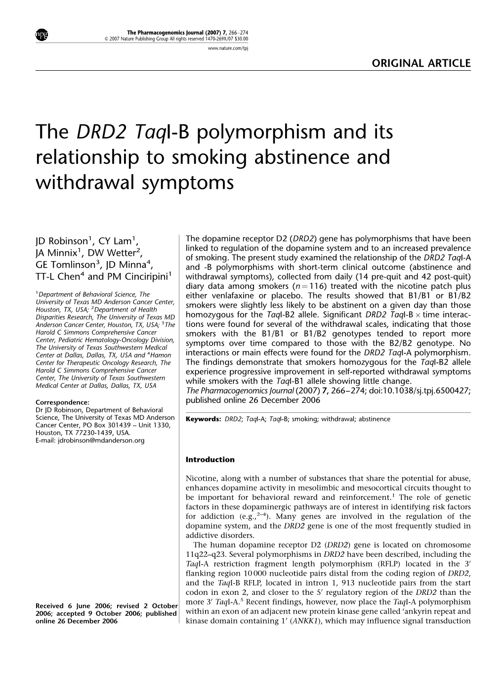 The DRD2 Taqi-B Polymorphism and Its Relationship to Smoking Abstinence and Withdrawal Symptoms