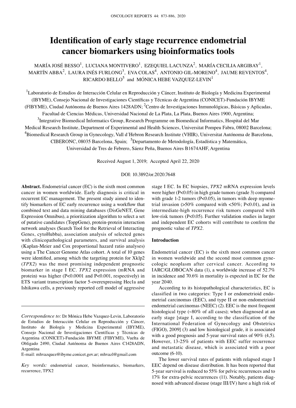 Identification of Early Stage Recurrence Endometrial Cancer Biomarkers Using Bioinformatics Tools