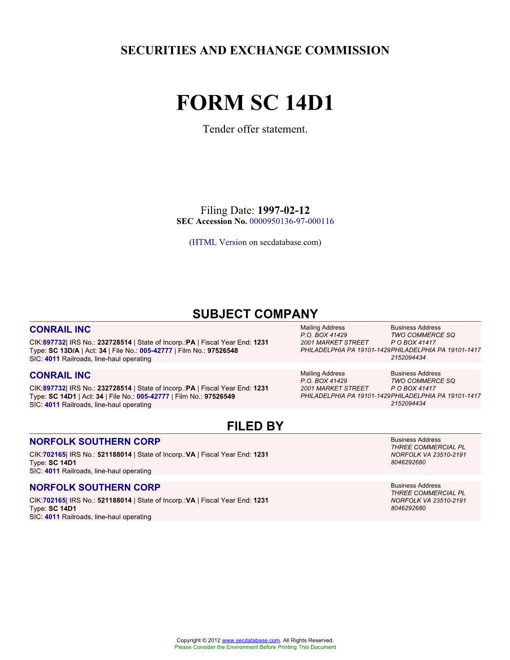 CONRAIL INC Mailing Address Business Address P.O