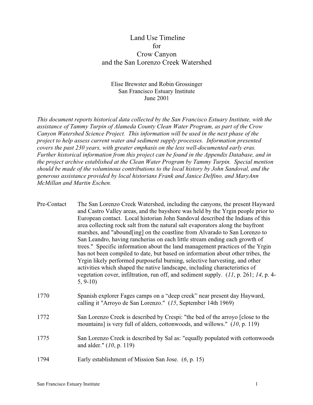 Land Use Timeline for Crow Canyon and the San Lorenzo Creek Watershed