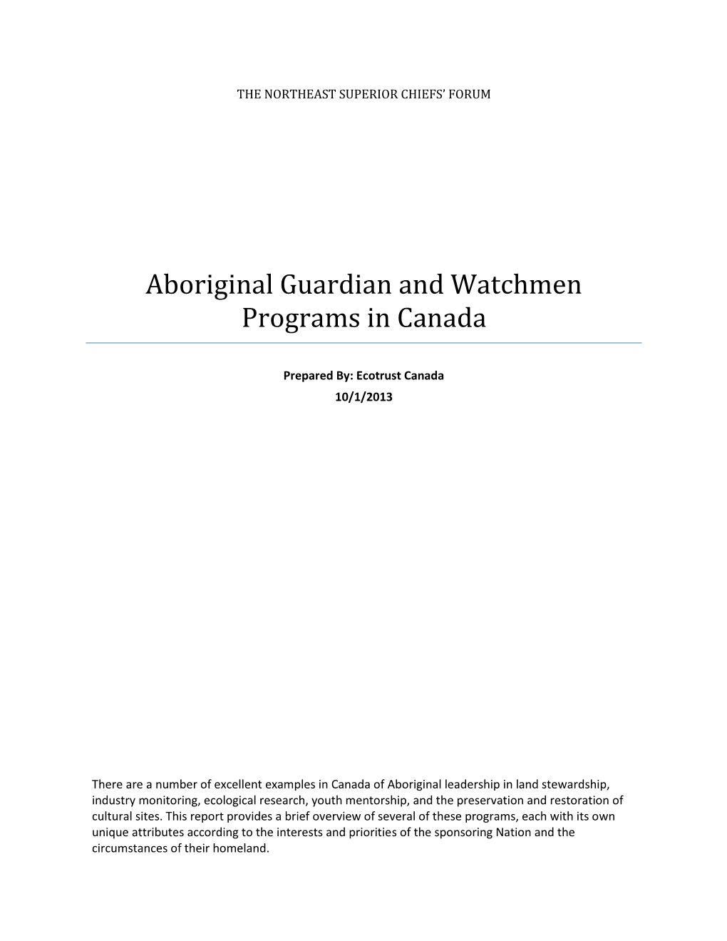 Aboriginal Guardian and Watchmen Programs in Canada