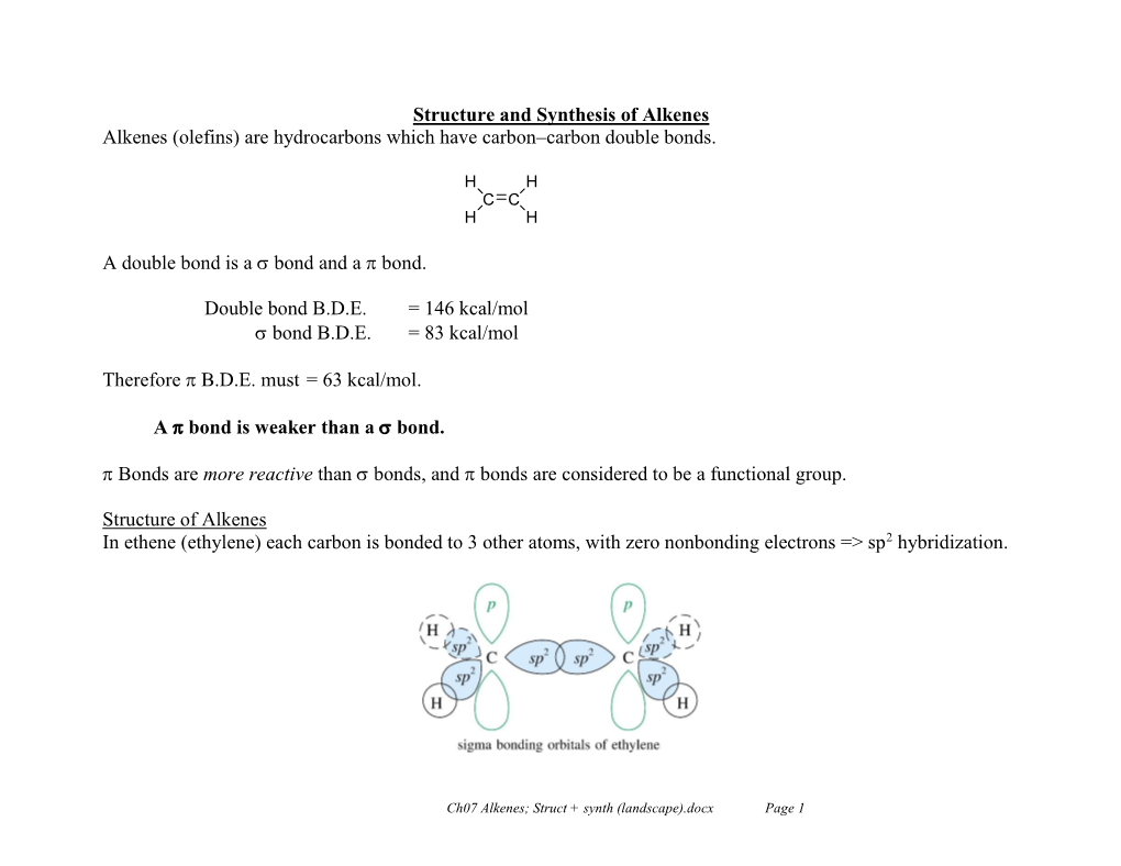 Structure and Synthesis of Alkenes Alkenes (Olefins) Are Hydrocarbons Which Have Carbon–Carbon Double Bonds