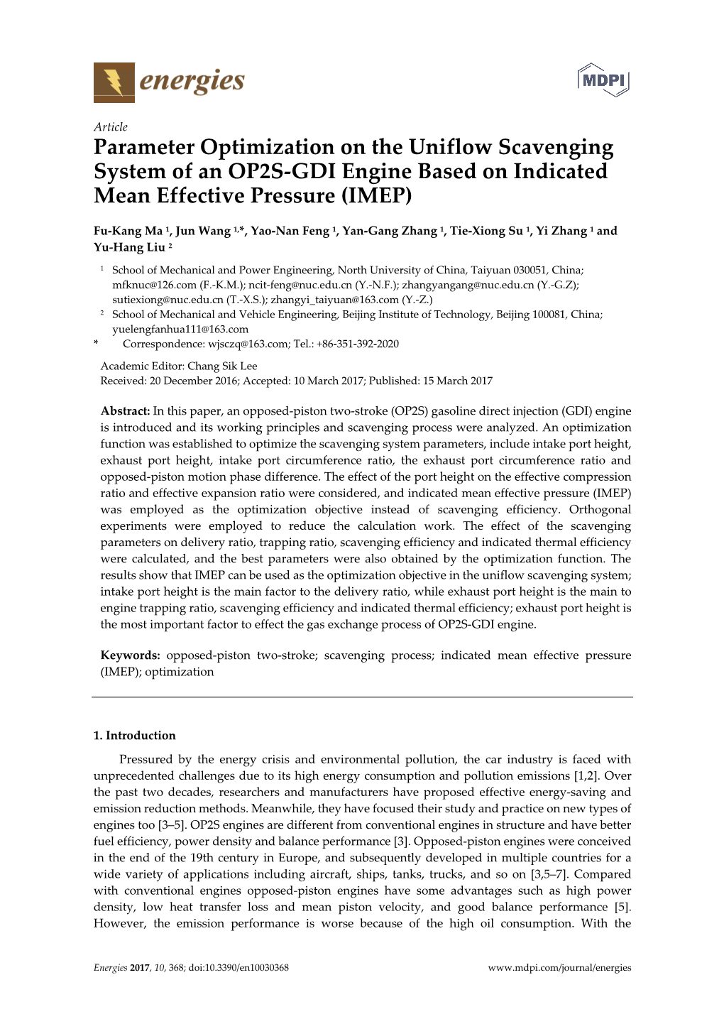 Parameter Optimization on the Uniflow Scavenging System of an OP2S-GDI Engine Based on Indicated Mean Effective Pressure (IMEP)