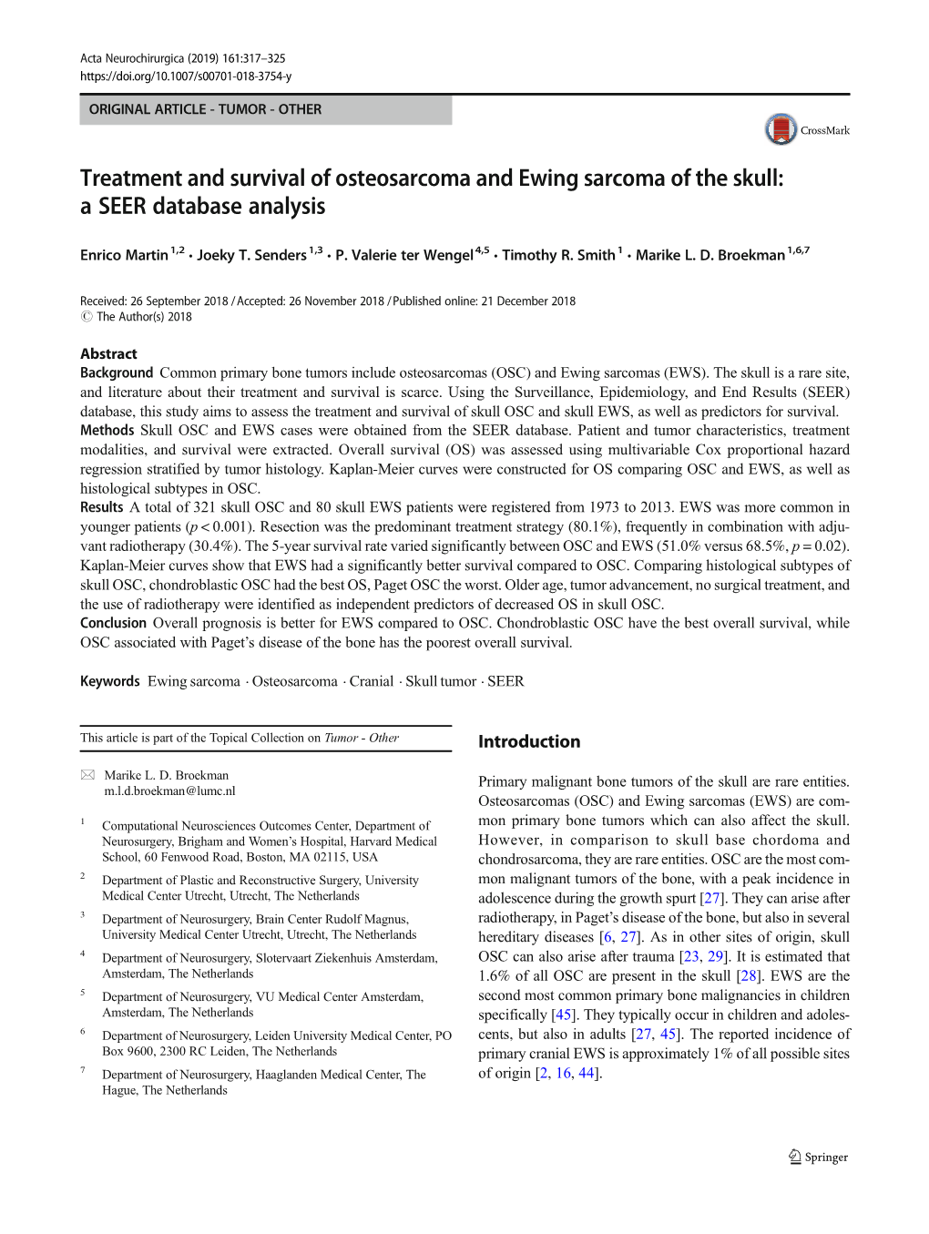 Treatment and Survival of Osteosarcoma and Ewing Sarcoma of the Skull: a SEER Database Analysis