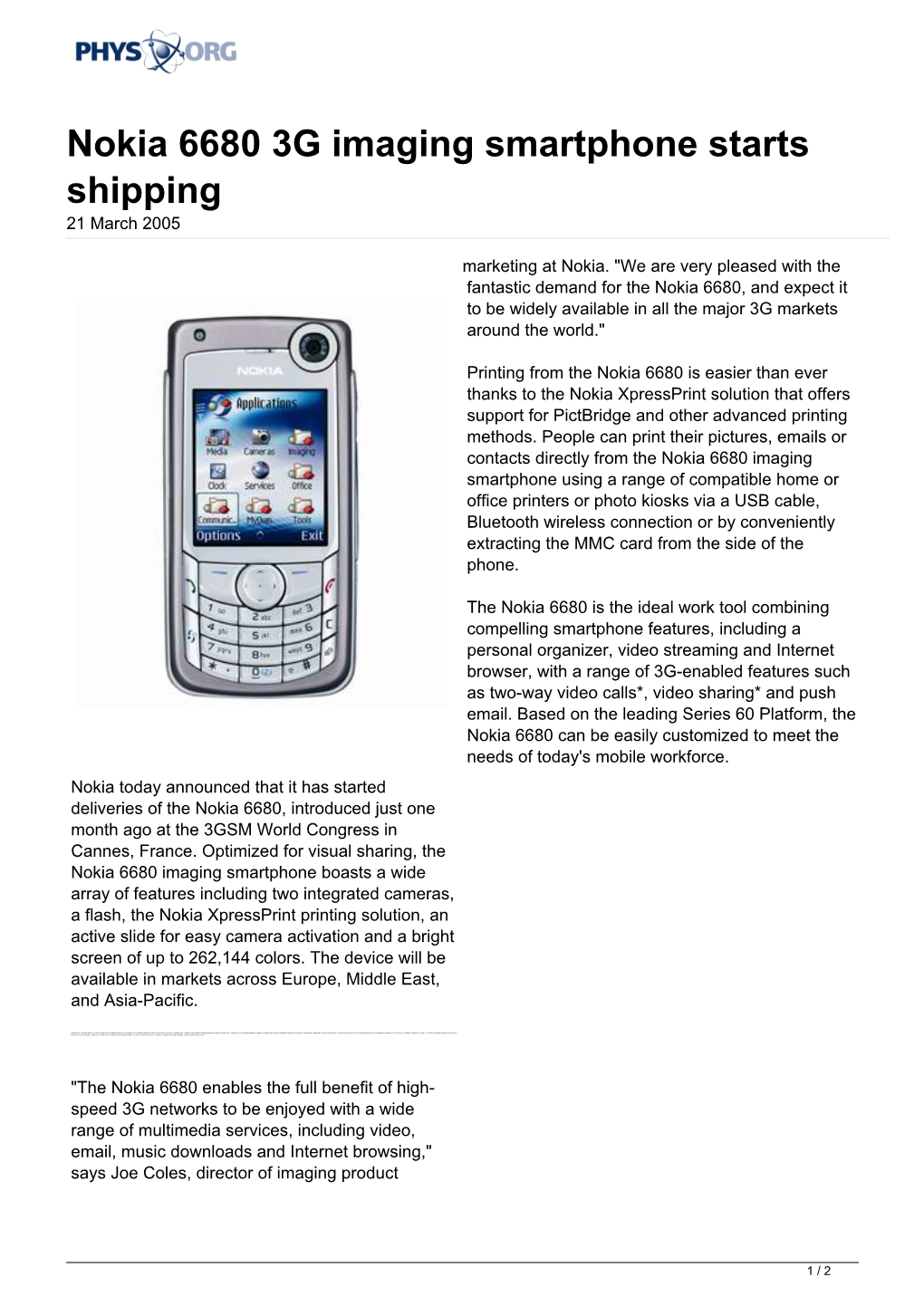 Nokia 6680 3G Imaging Smartphone Starts Shipping 21 March 2005