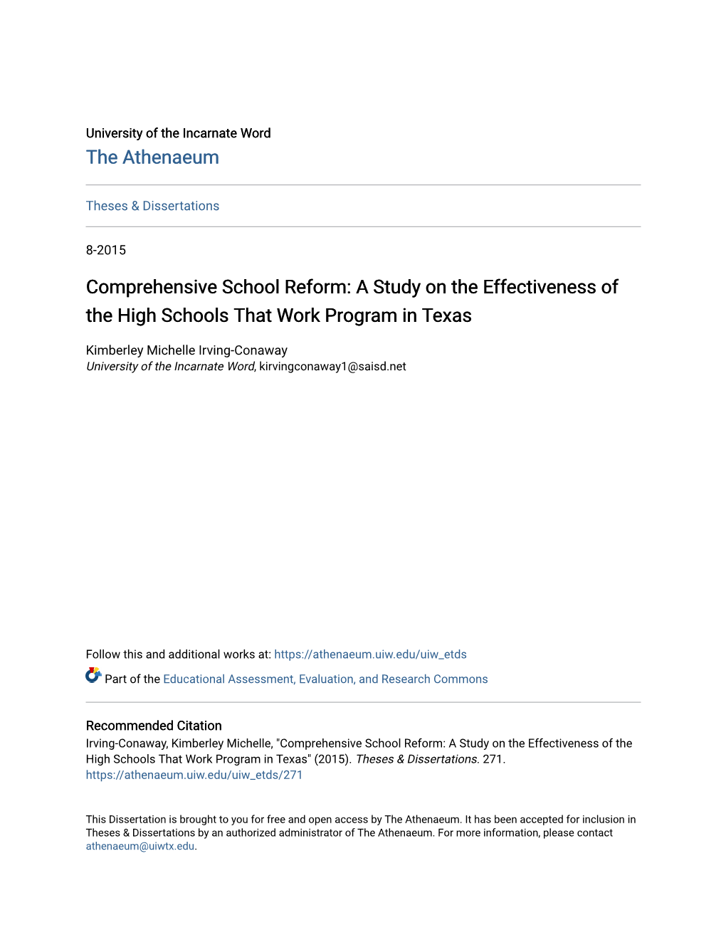 Comprehensive School Reform: a Study on the Effectiveness of the High Schools That Work Program in Texas