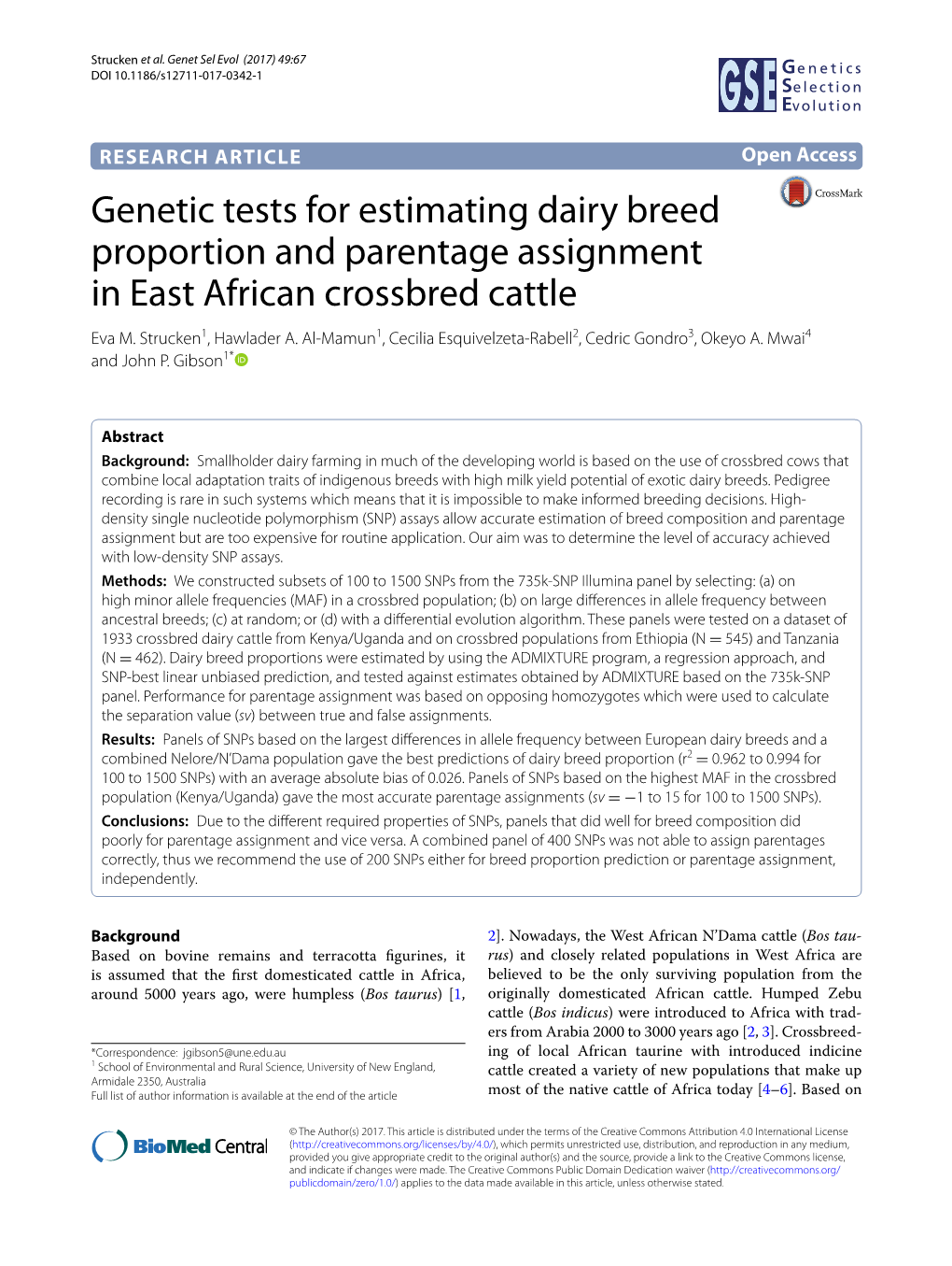 Genetic Tests for Estimating Dairy Breed Proportion and Parentage Assignment in East African Crossbred Cattle Eva M