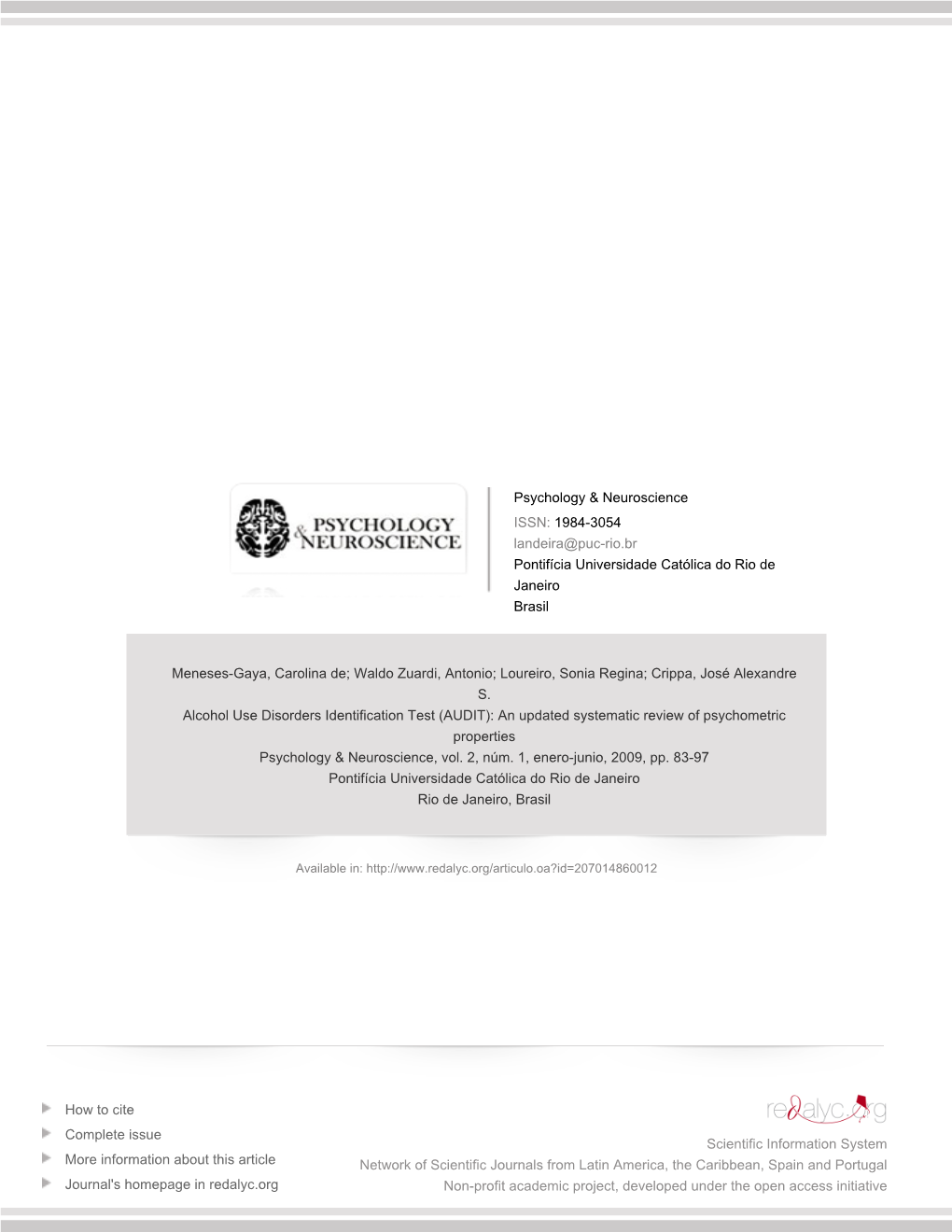 Redalyc.Alcohol Use Disorders Identification Test (AUDIT): an Updated Systematic Review of Psychometric Properties