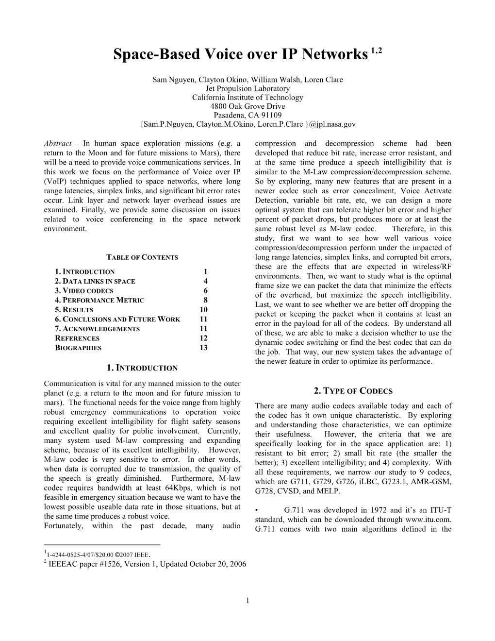 Space-Based Voice Over IP Networks 1 ,2