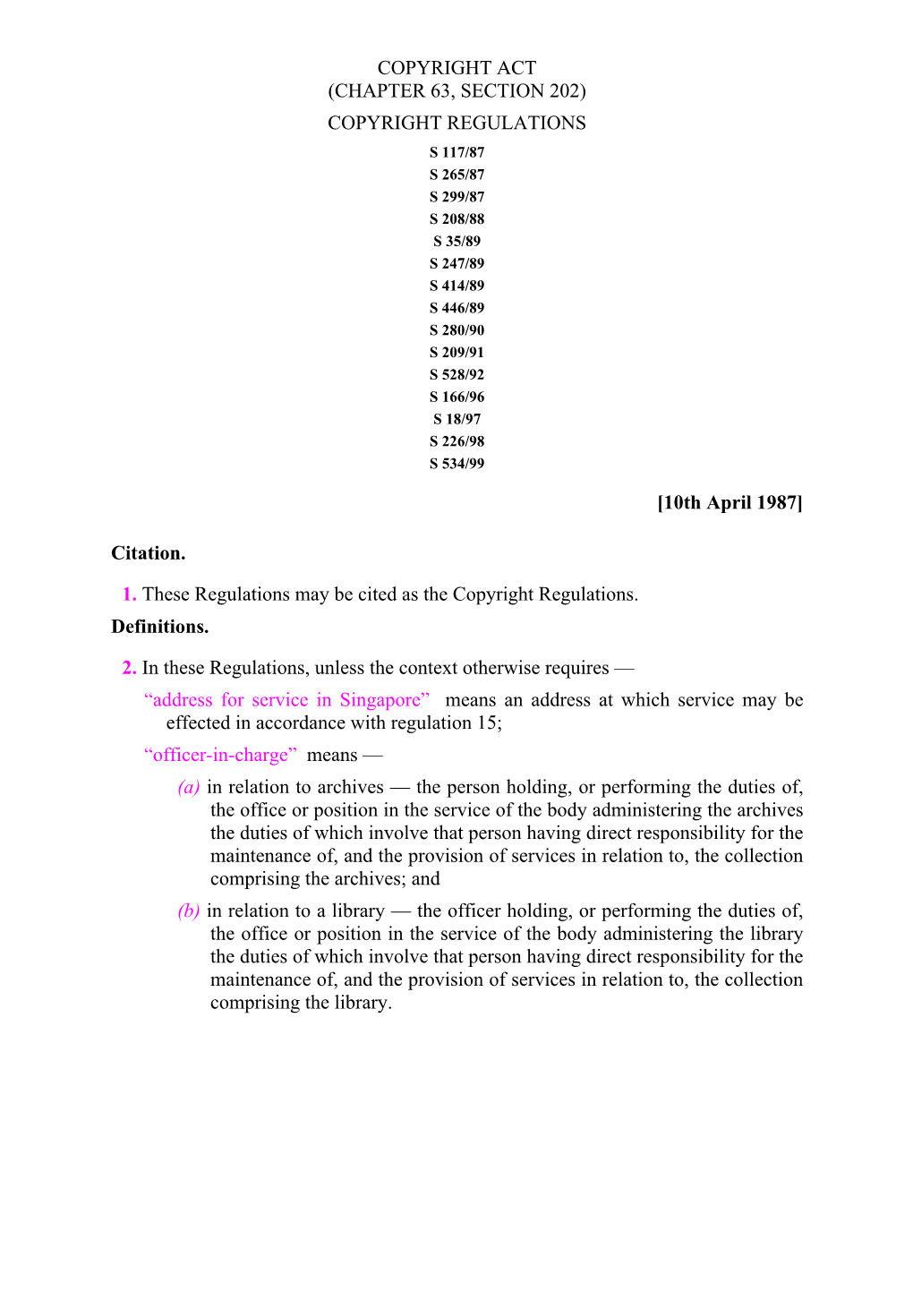 Copyright Regulations No. 117 of April 8, 1987