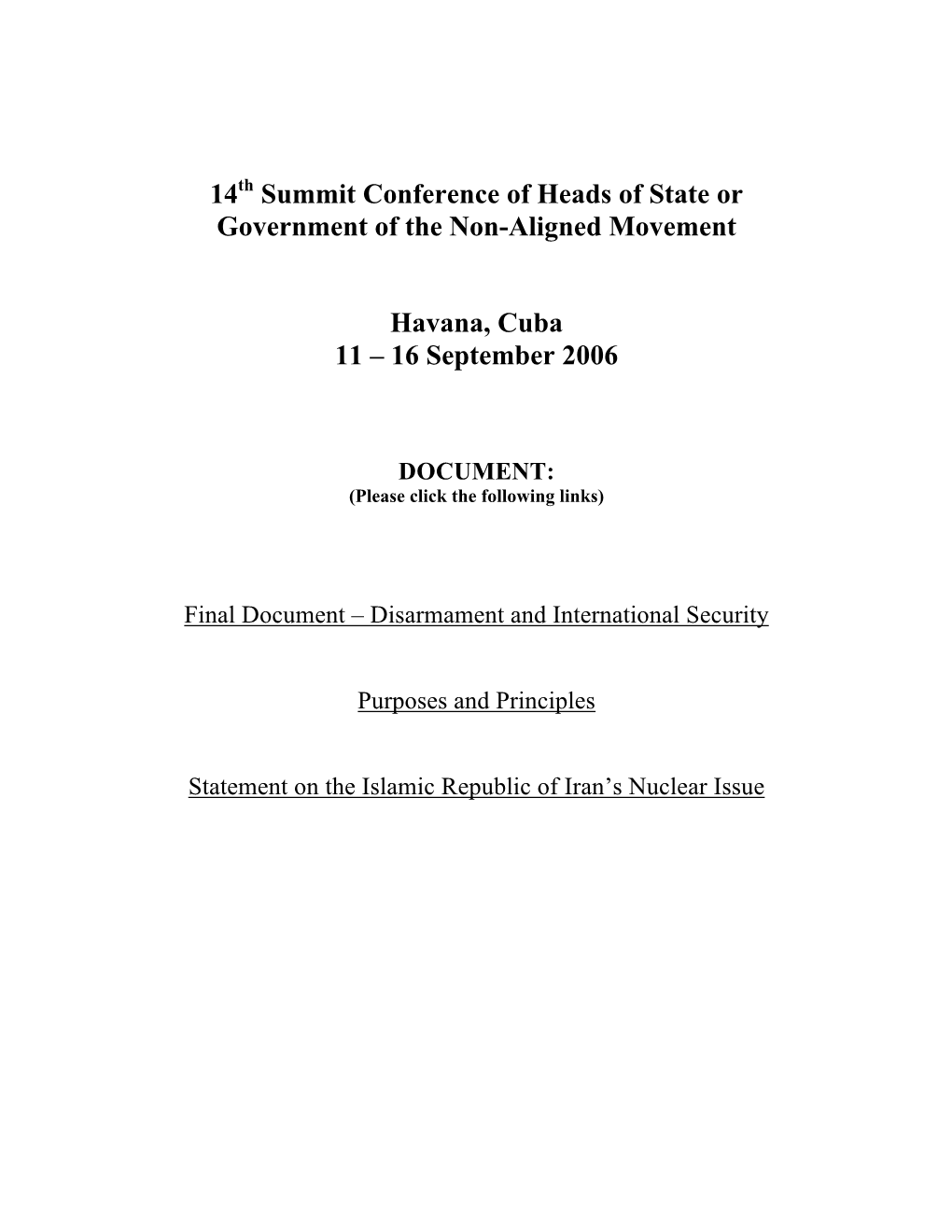 Final Document of the 14Th Summit of the Non-Aligned Movement