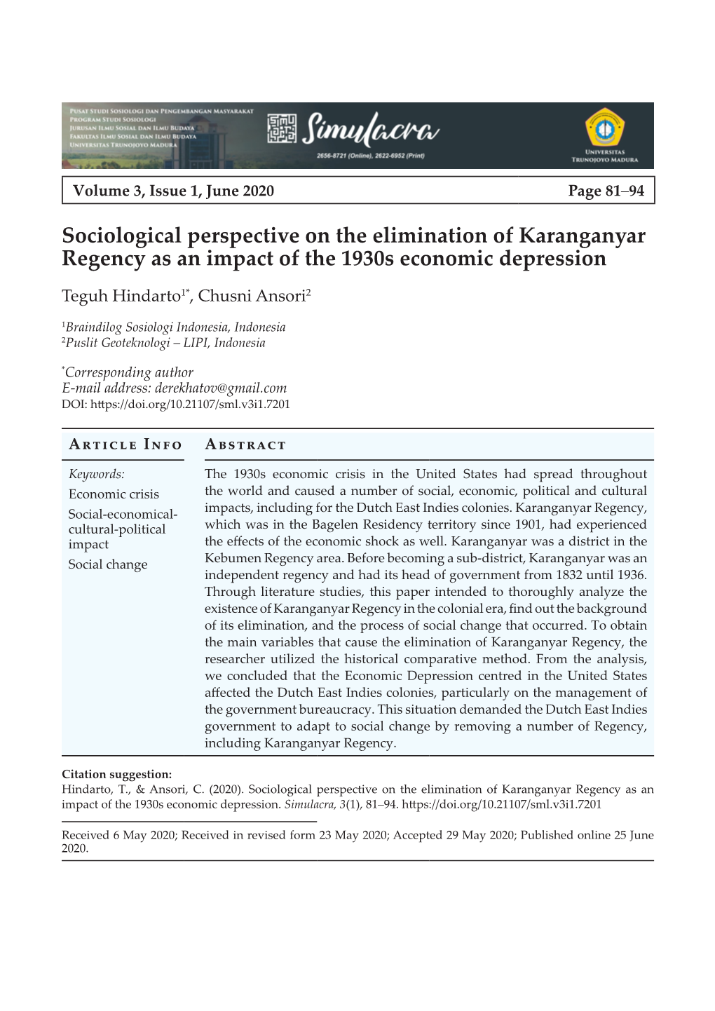 Sociological Perspective on the Elimination of Karanganyar Regency As an Impact of the 1930S Economic Depression