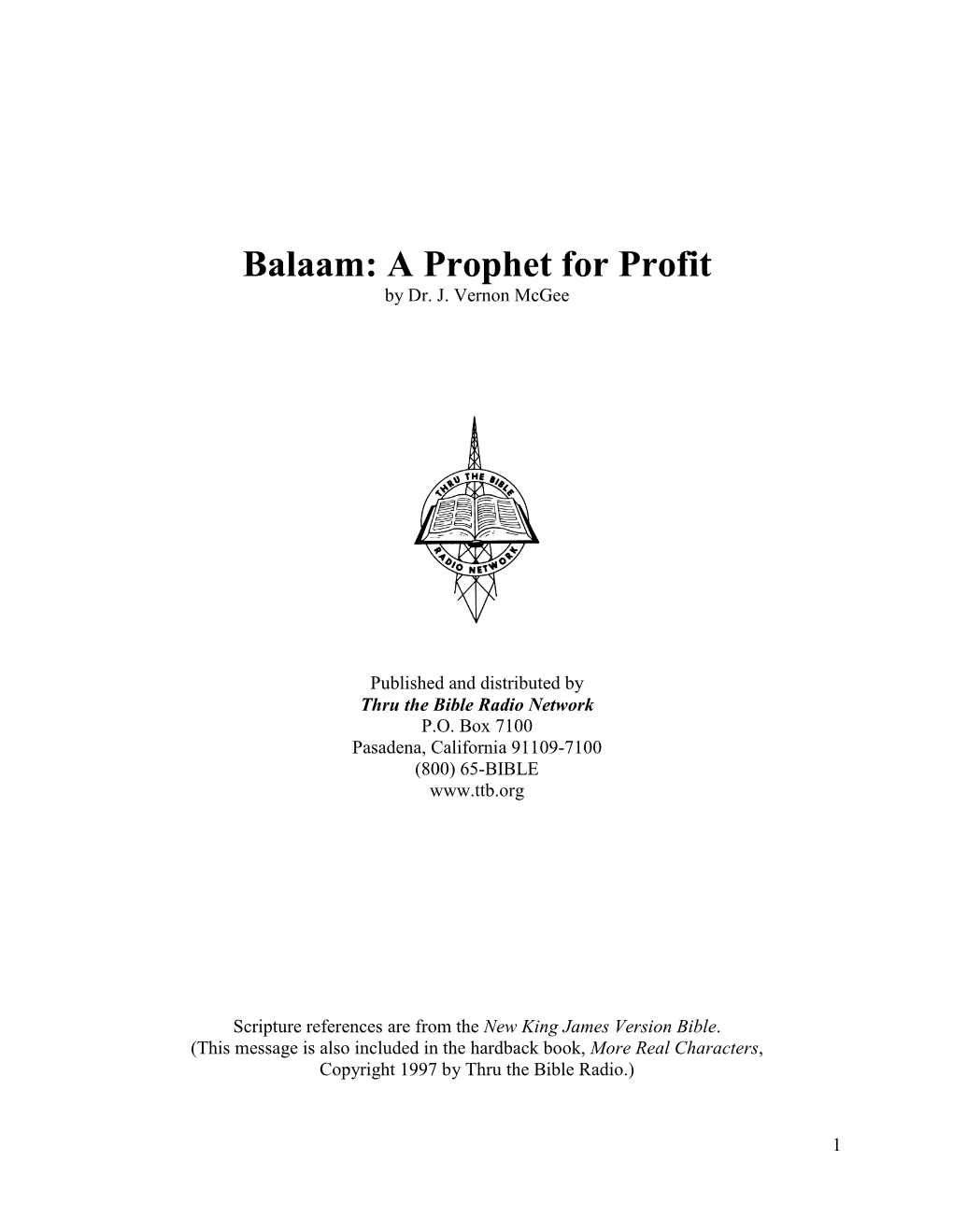 Balaam: a Prophet for Profit by Dr
