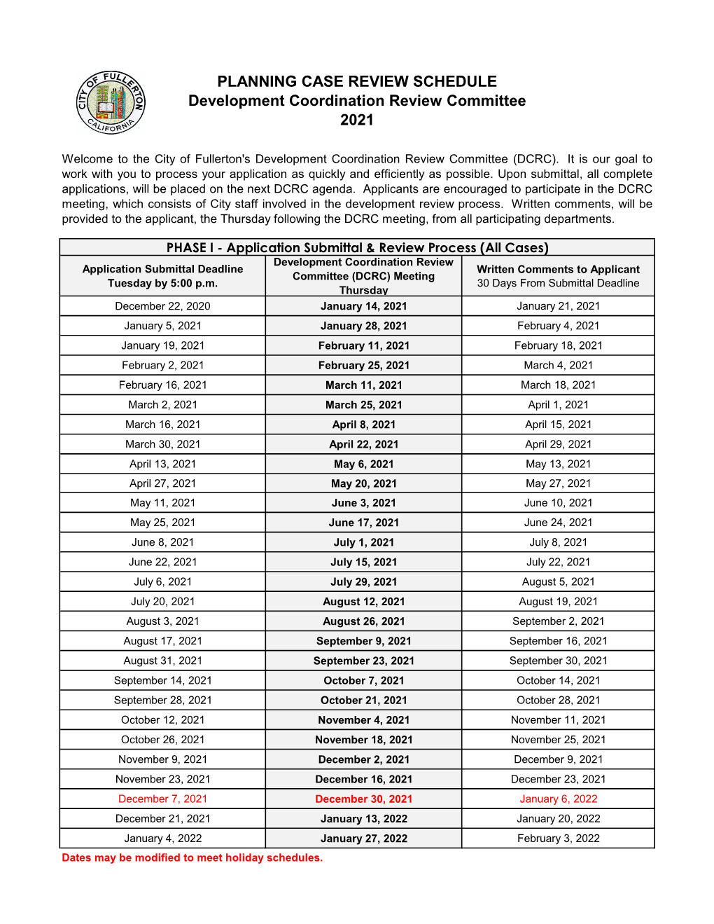 PLANNING CASE REVIEW SCHEDULE Development Coordination Review Committee 2021