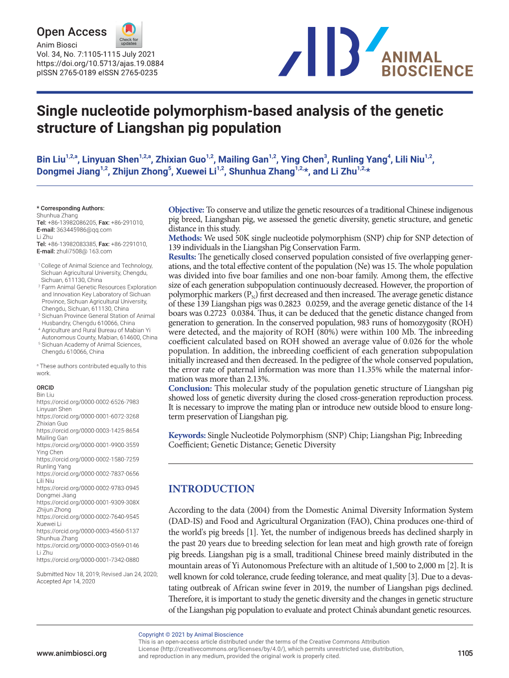 Single Nucleotide Polymorphism-Based Analysis of the Genetic Structure of Liangshan Pig Population