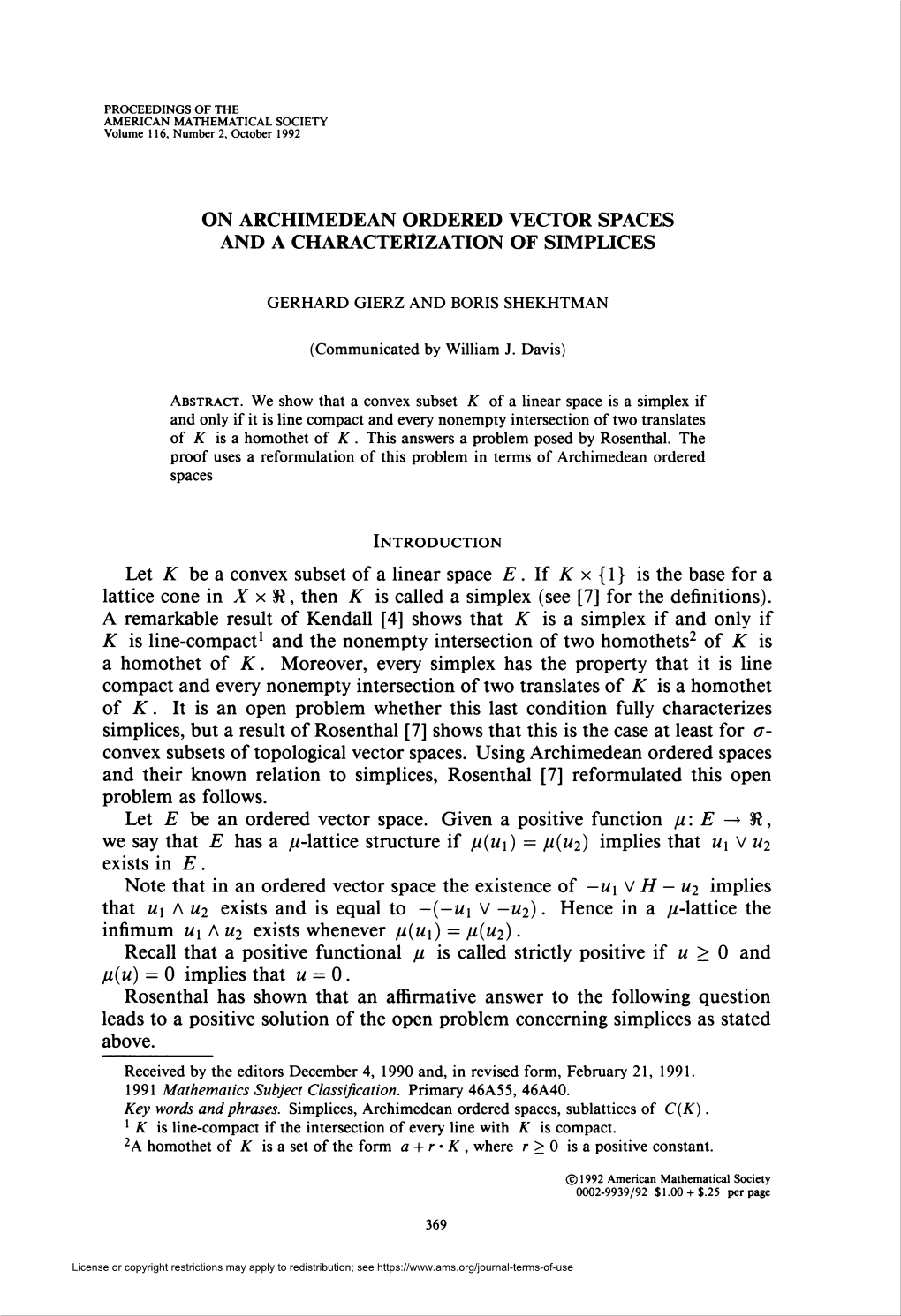 On Archimedean Ordered Vector Spaces and a Characterization of Simplices