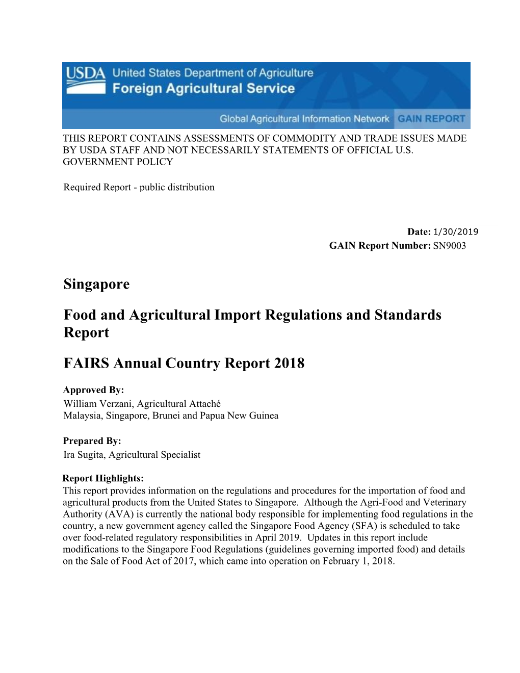 Singapore Food and Agricultural Import Regulations and Standards