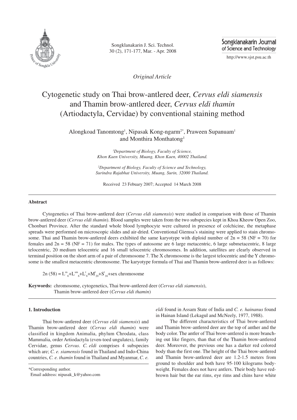 Cytogenetic Study on Thai Brow-Antlered Deer, Cervus Eldi