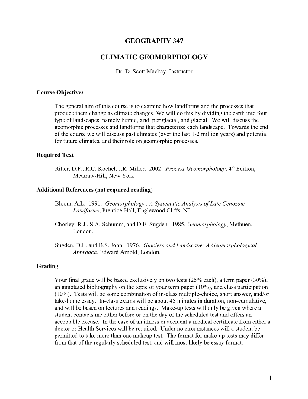 Geography 347 Climatic Geomorphology