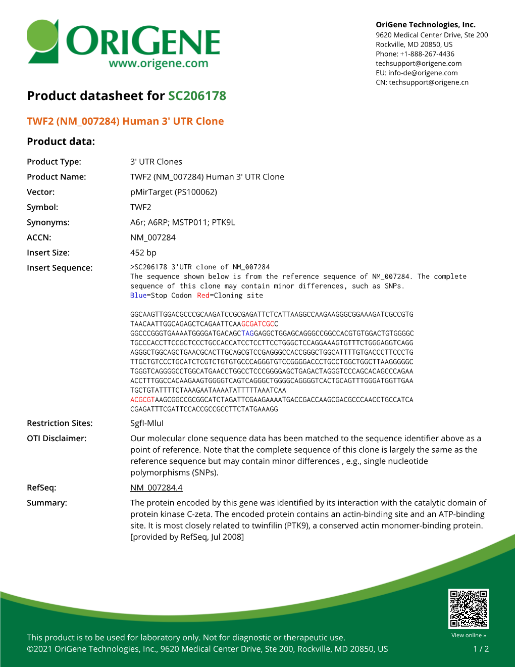 TWF2 (NM 007284) Human 3' UTR Clone – SC206178 | Origene