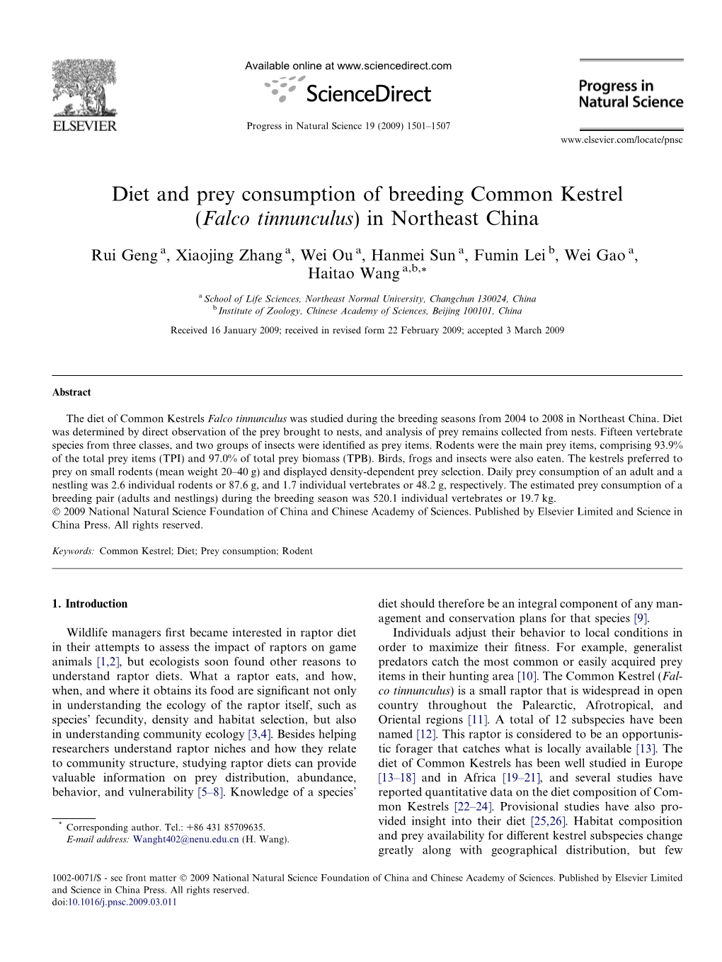 Diet and Prey Consumption of Breeding Common Kestrel (Falco Tinnunculus) in Northeast China