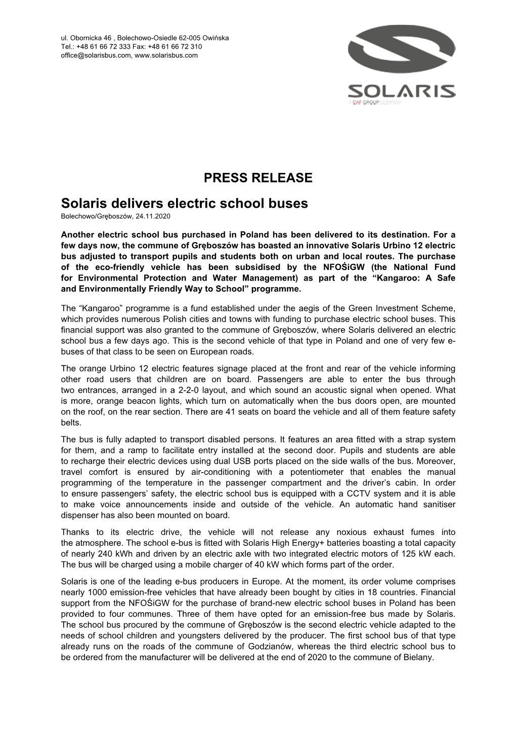 PRESS RELEASE Solaris Delivers Electric School Buses