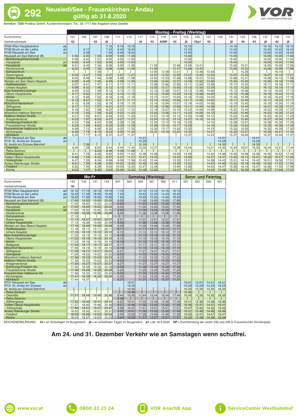 Neusiedl/See - Frauenkirchen - Andau 292 Gültig Ab 31.8.2020 Betreiber: ÖBB-Postbus Gmbh, Kundeninformation: Tel.: 05 1717 Alle Angaben Ohne Gewähr