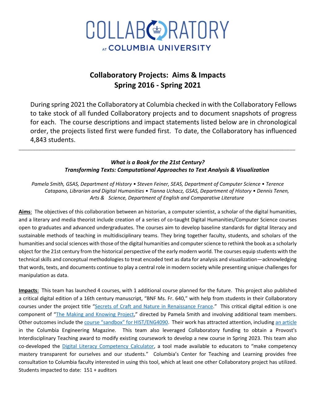 Collaboratory Project Summaries and Impact Statements