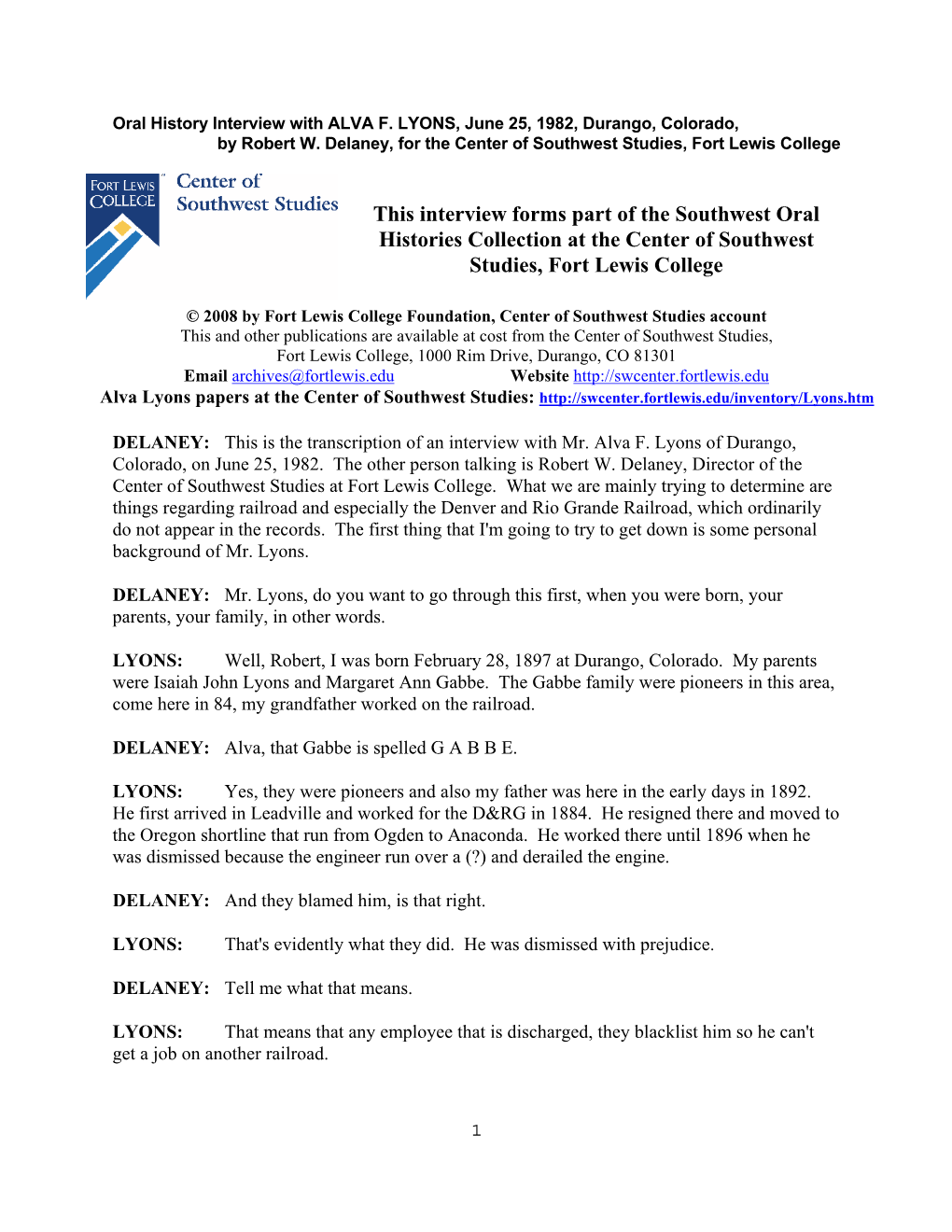 Oral History Interview with ALVA F. LYONS, June 25, 1982, Durango, Colorado, by Robert W. Delaney, for the Center of Southwest Studies, Fort Lewis College