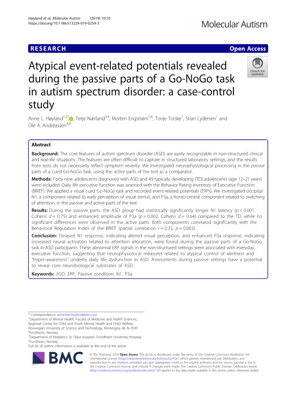 Atypical Event-Related Potentials Revealed During the Passive Parts of a Go-Nogo Task in Autism Spectrum Disorder: a Case-Control Study Anne L