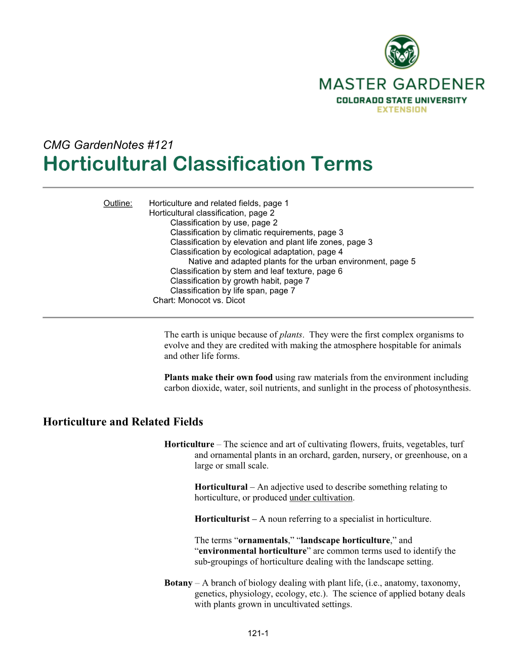 Horticulture Classification Terms