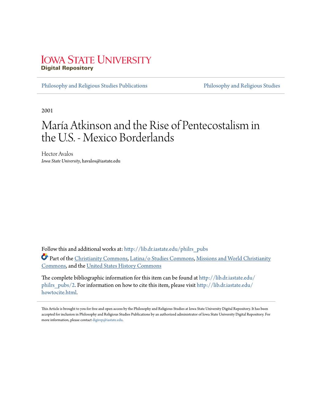 María Atkinson and the Rise of Pentecostalism in the U.S. - Mexico Borderlands Hector Avalos Iowa State University, Havalos@Iastate.Edu