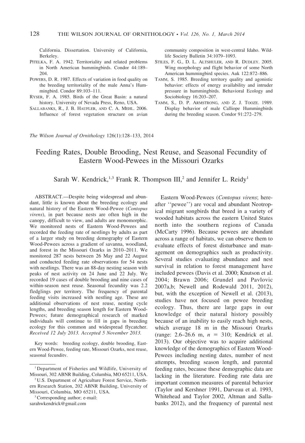 Feeding Rates, Double Brooding, Nest Reuse, and Seasonal Fecundity of Eastern Wood-Pewees in the Missouri Ozarks