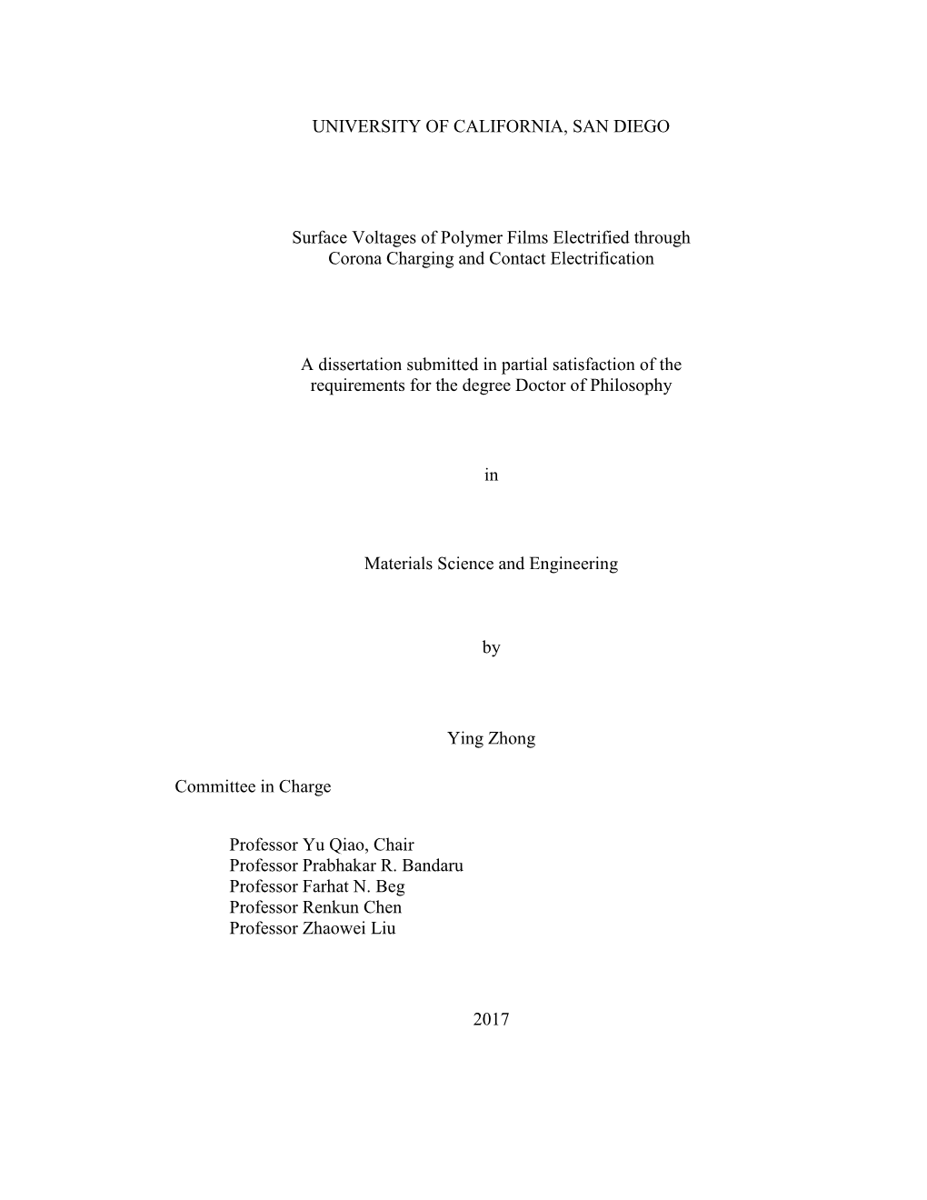 UNIVERSITY of CALIFORNIA, SAN DIEGO Surface Voltages of Polymer