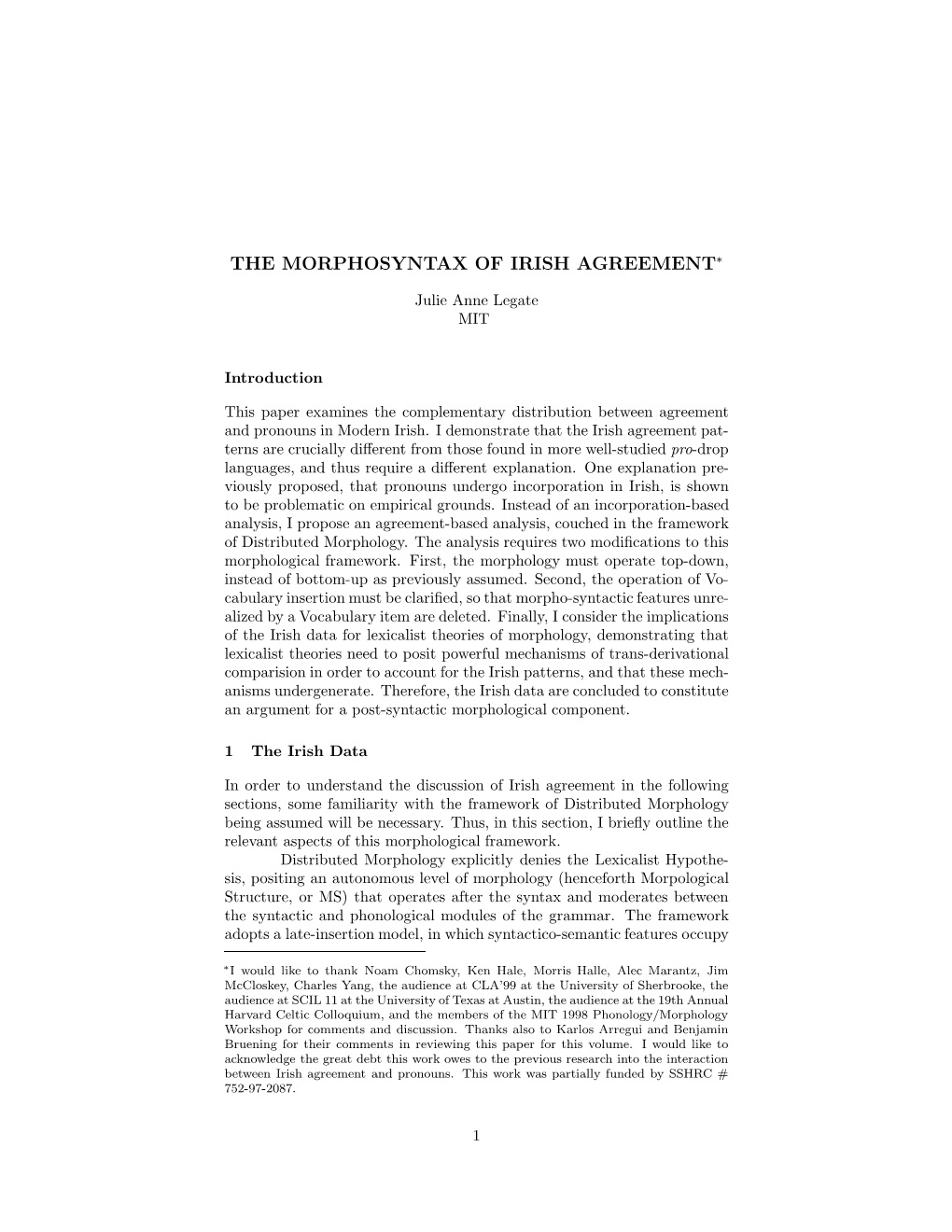 The Morphosyntax of Irish Agreement∗