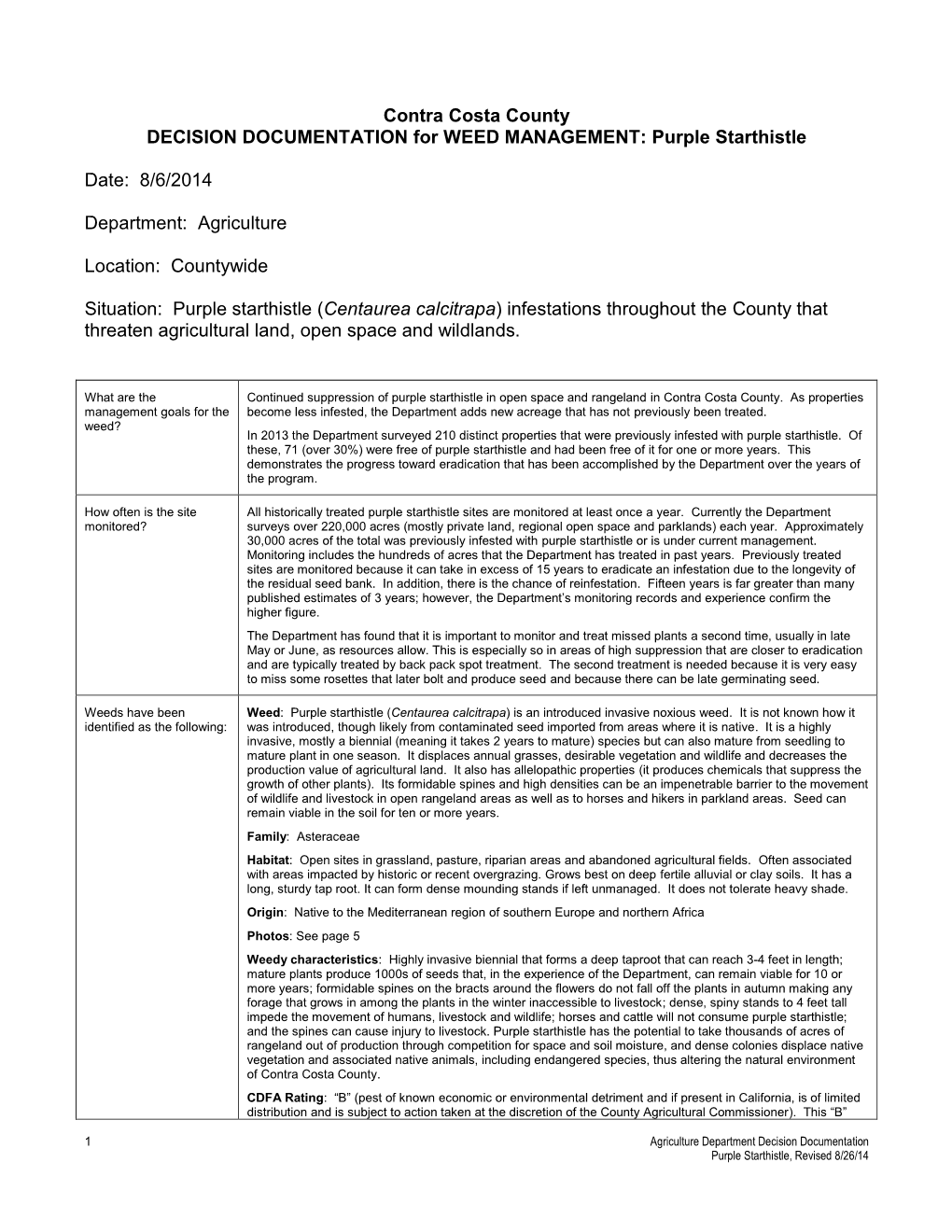 Purple Starthistle Date: 8/6/2014 Department: Agriculture