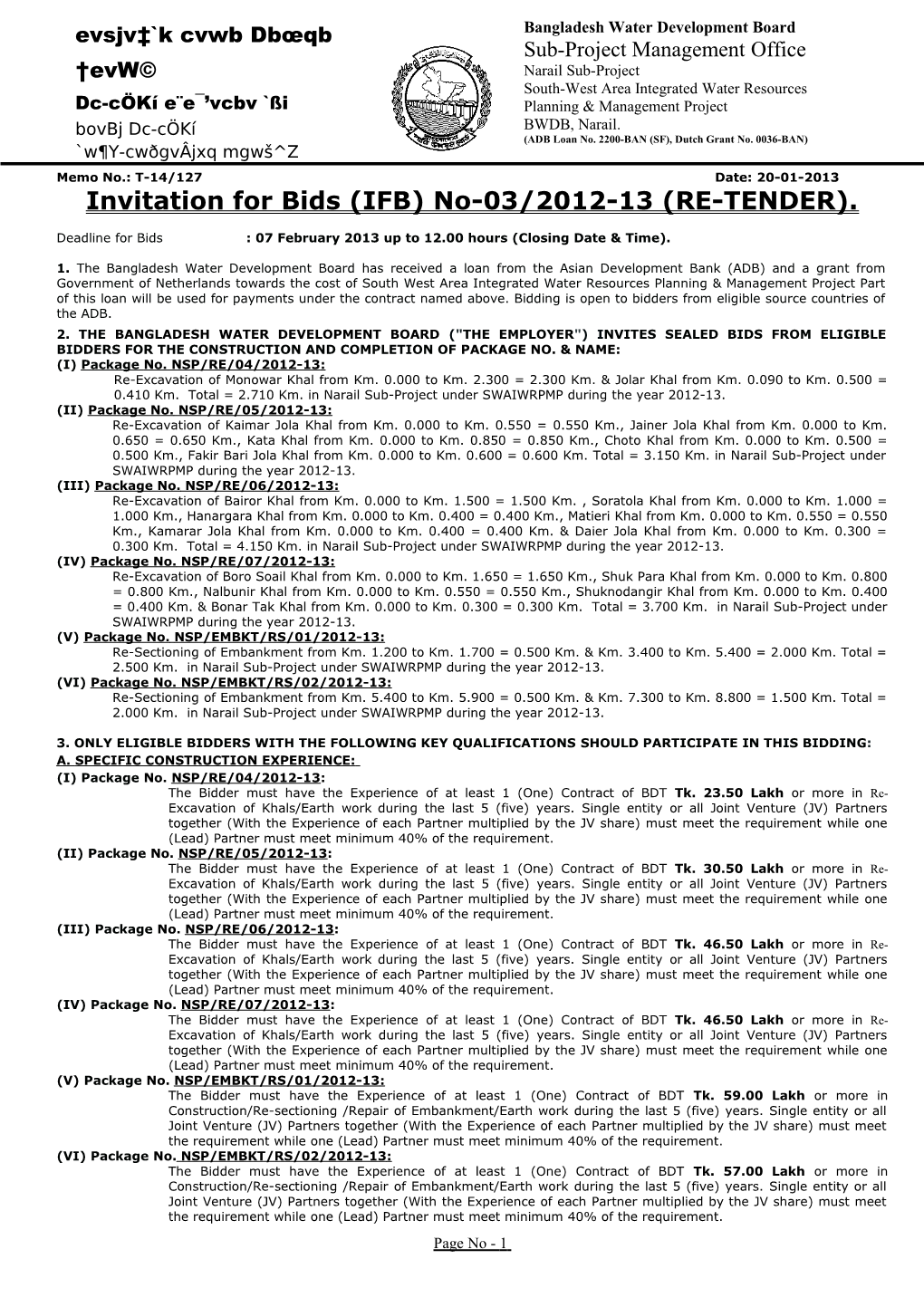 Invitation for Bids (IFB) No-03/2012-13 (RE-TENDER)