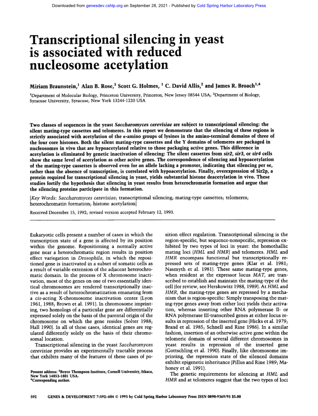 Transcriptional Silencing in Yeast Is Associated with Reduced Nucleosome Acetylation